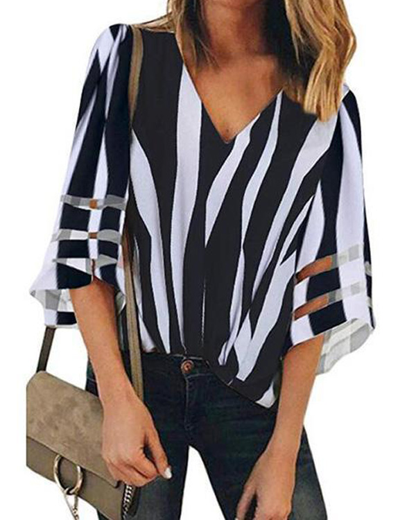V-Neck Mesh Stitching Trumpet Sleeve Striped Blouse Tops4
