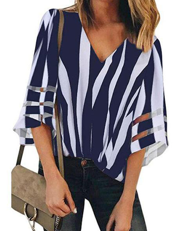 V-Neck Mesh Stitching Trumpet Sleeve Striped Blouse Tops3