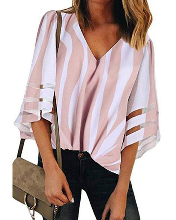 V-Neck Mesh Stitching Trumpet Sleeve Striped Blouse Tops5