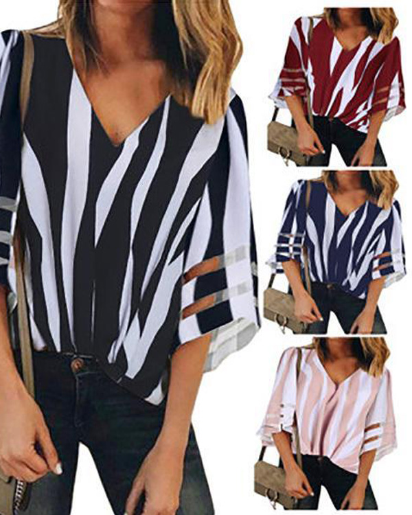 V-Neck Mesh Stitching Trumpet Sleeve Striped Blouse Tops1