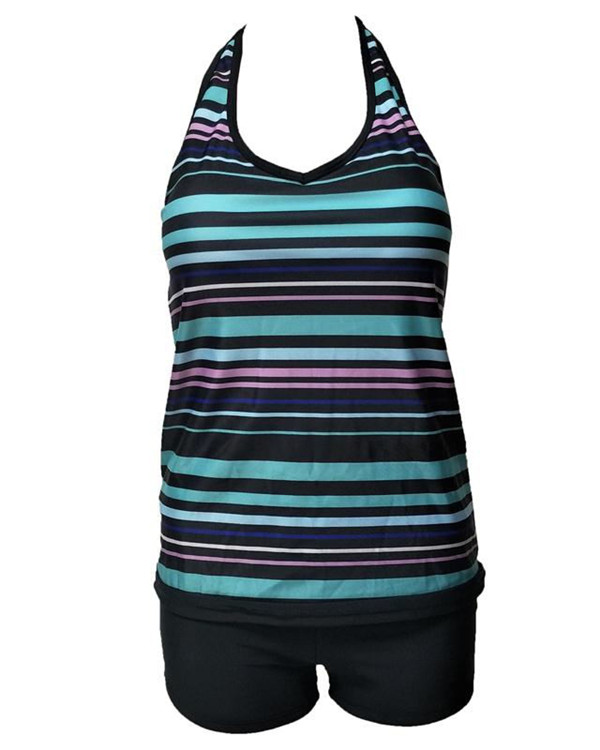 Women’s Plus Size Sporty Halter Neck Striped Print Tankini Swimwear5