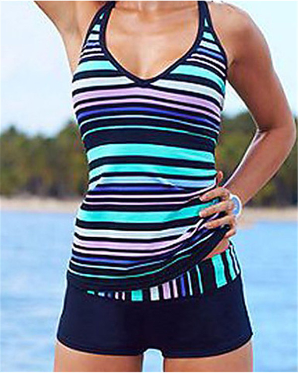 Women’s Plus Size Sporty Halter Neck Striped Print Tankini Swimwear1