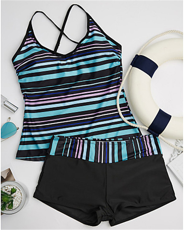 Women’s Plus Size Sporty Halter Neck Striped Print Tankini Swimwear2