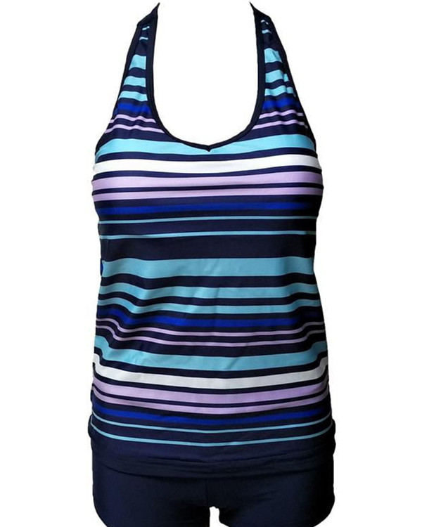 Women’s Plus Size Sporty Halter Neck Striped Print Tankini Swimwear6