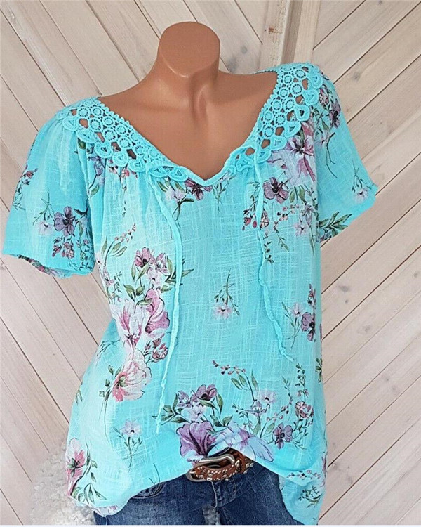 Casual V Neck Floral Printed  Women Shirts Tops1
