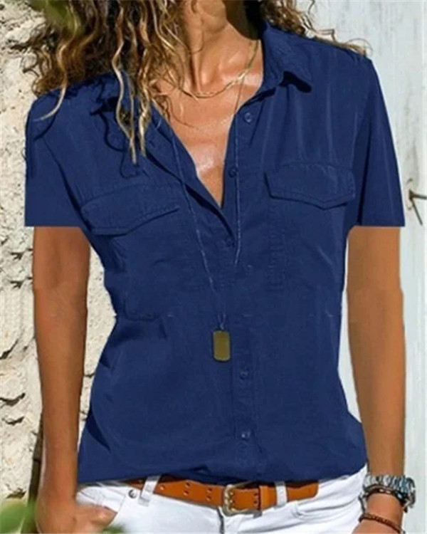 Fashion V-Neck Short Sleeve Casual Solid Shirts Blouses2