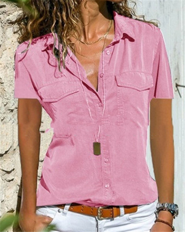 Fashion V-Neck Short Sleeve Casual Solid Shirts Blouses5