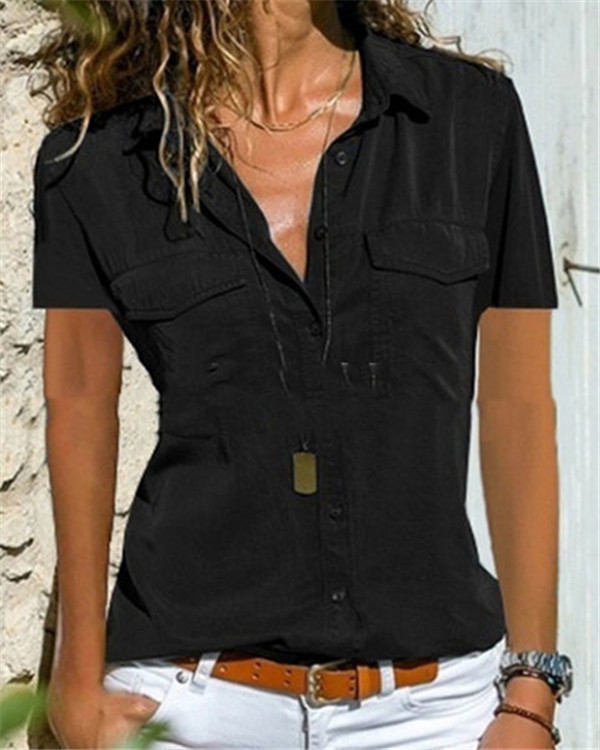 Fashion V-Neck Short Sleeve Casual Solid Shirts Blouses4