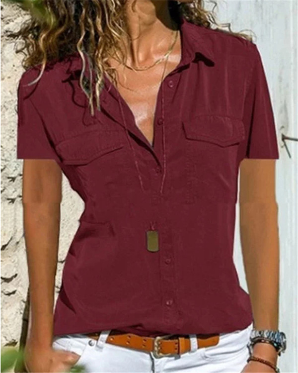 Fashion V-Neck Short Sleeve Casual Solid Shirts Blouses3