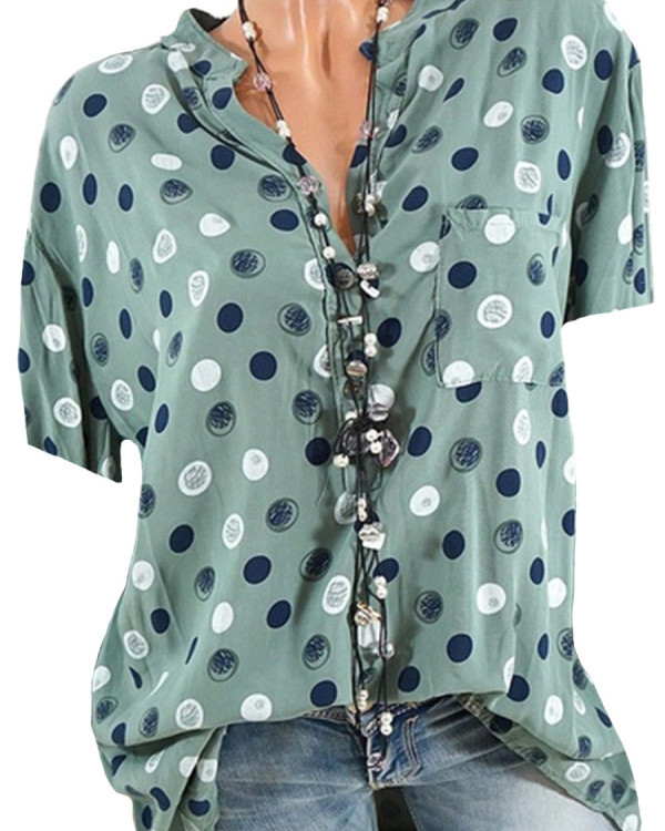 US$ 24.99 - Band Collar Loose Fitting Dot Blouses - www.tangdress.com