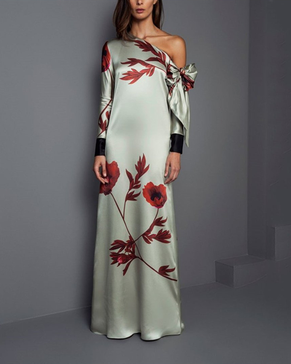 US$ 43.99 - Slanted Shoulder Round Neck Long Sleeve Retro Printed Dress ...