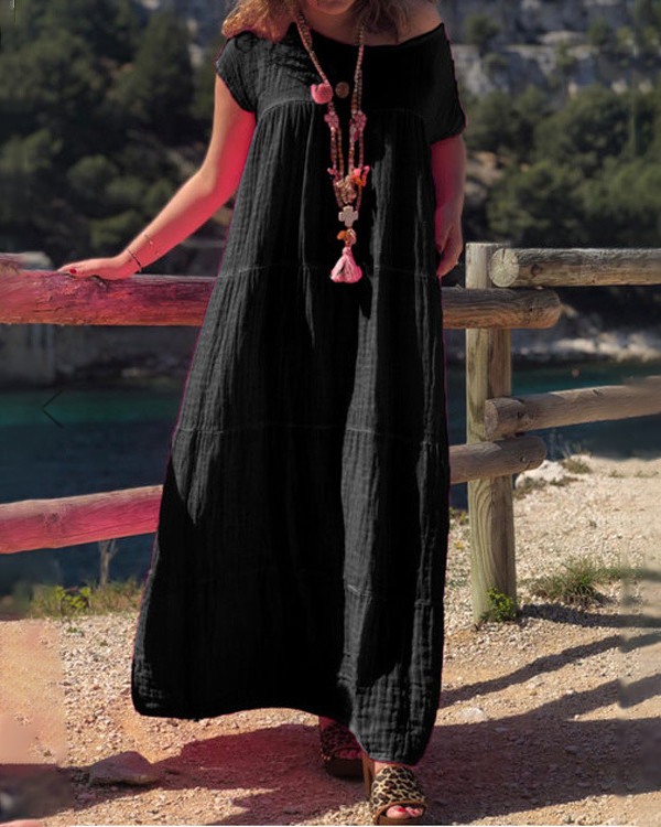 US$ 29.99 - Vintage Bohemian Solid Short Sleeve Midi Dress - www ...