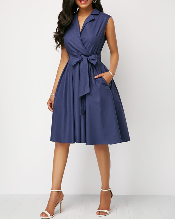 US$ 35.99 - Sleeveless Solid Color Lapel Tie A-Line Dress - www ...