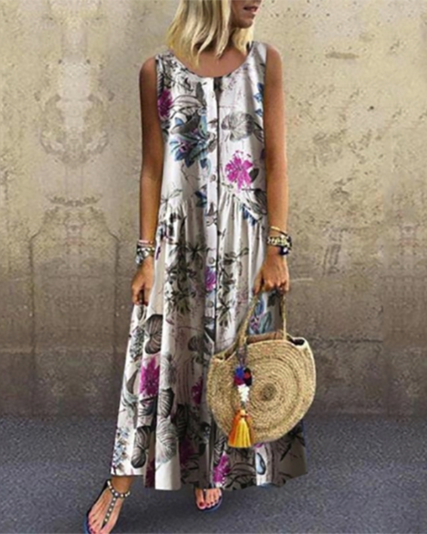 US$ 34.99 - Floral Round Neckline Sleeveless Maxi A-line Dress - www ...