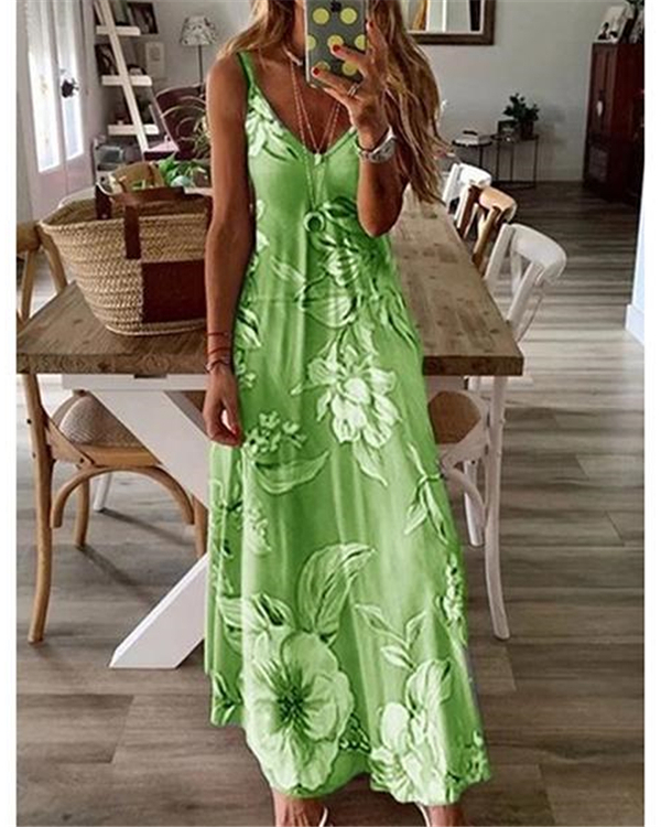 US$ 21.99 - Women Sling Printed Casual V Neck Sleeveless Maxi Dresses ...