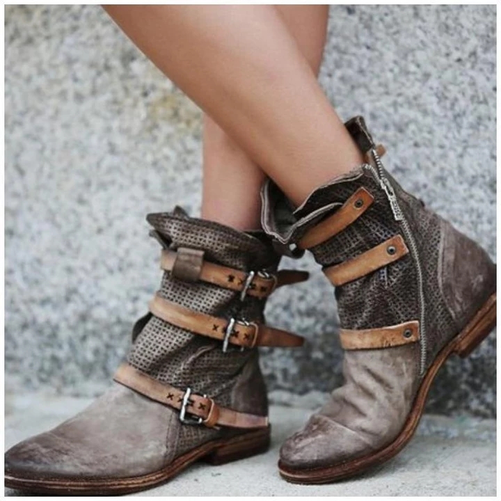 womens flat buckle boots