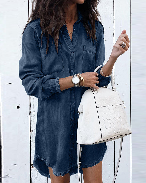 US$ 47.55 - Women Casual Denim Shirt Dress Long Sleeve Loose Shirt ...