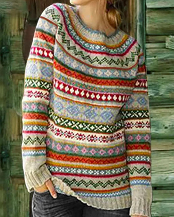 US$ 49.99 - Color-Block Crew Neck Long Sleeve Geometric Sweater - www ...