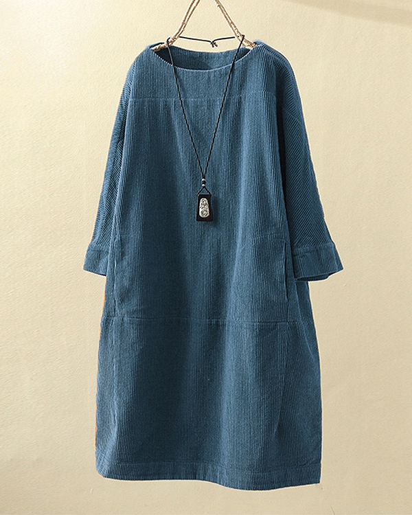 Vintage Pockets Corduroy Solid Color Loose Casual Dress3