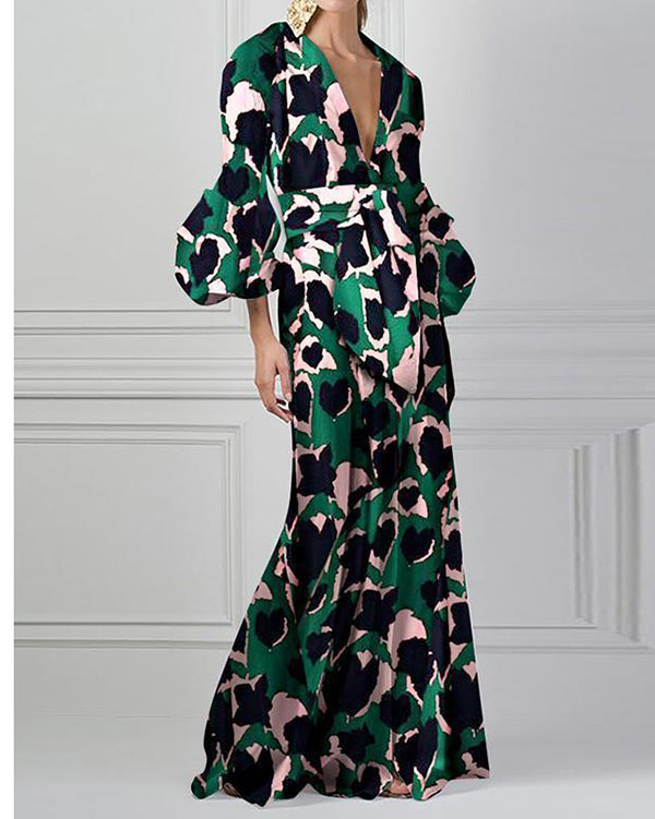 US$ 49.99 - Green Vintage Floral Printed V-Neck Fashion Maxi Dress ...