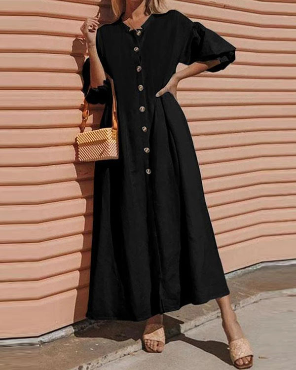 US$ 37.99 - Solid Buttoned Balloon Sleeves Loose Maxi Dress - www ...