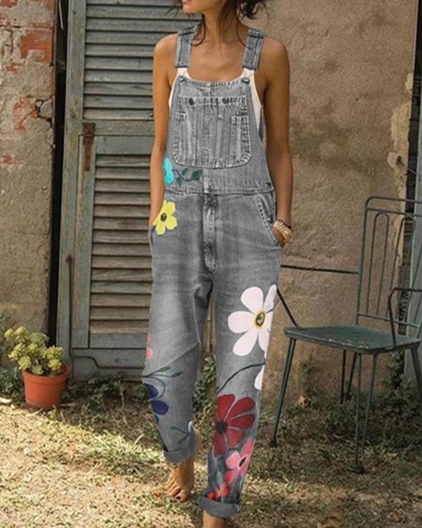 US$ 52.99 - Sleeveless Denim Floral Floral-Print One-Pieces Jumpsuits ...