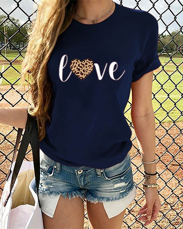 US$ 23.99 - Love Heart Women Short Sleeve Shirt Printed Leopard Tops ...