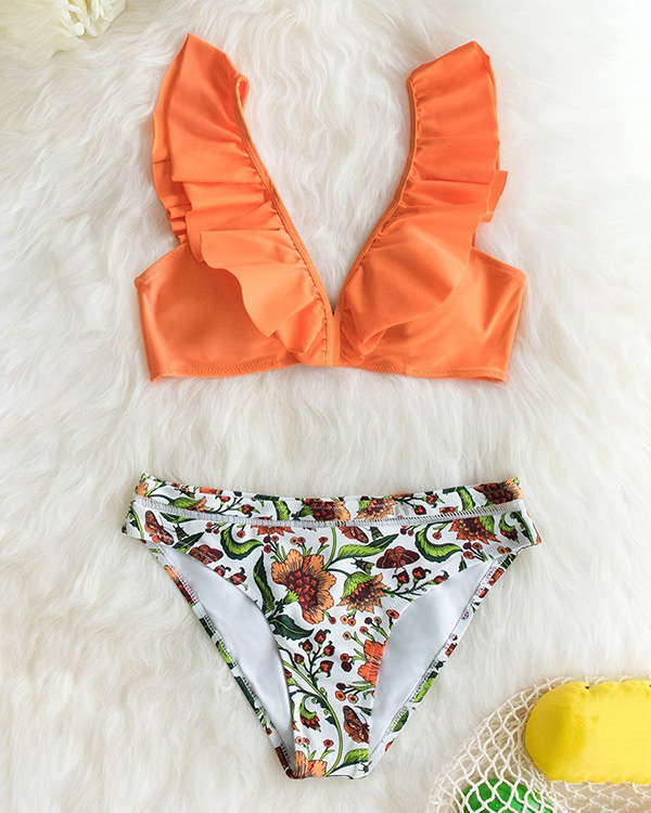 US$ 25.68 - Ruffled Orange Bikini With Floral Bottom - www.narachic.com
