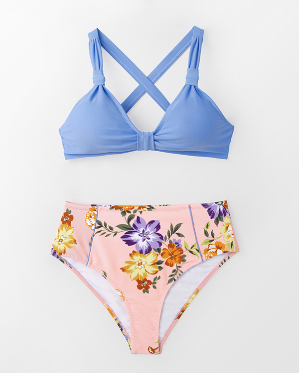 US$ 26.38 - Sweet Solid And Floral Knotted Bikini Sets - www.narachic.com