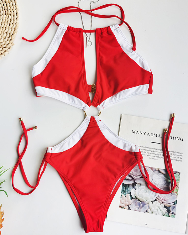 US$ 26.89 - Sexy Cutout Strap Solid Color Stitching One-piece Bikini ...