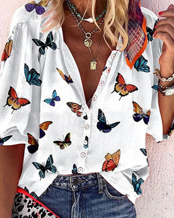 US$ 29.89 - Butterfly-print Lapel Single-breasted Shirt - www.narachic.com