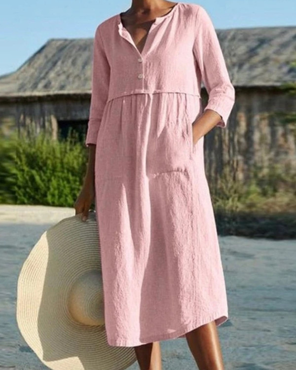 US$ 30.69 - Cotton And Linen Pocket 3/4 Sleeve Dress - www.narachic.com