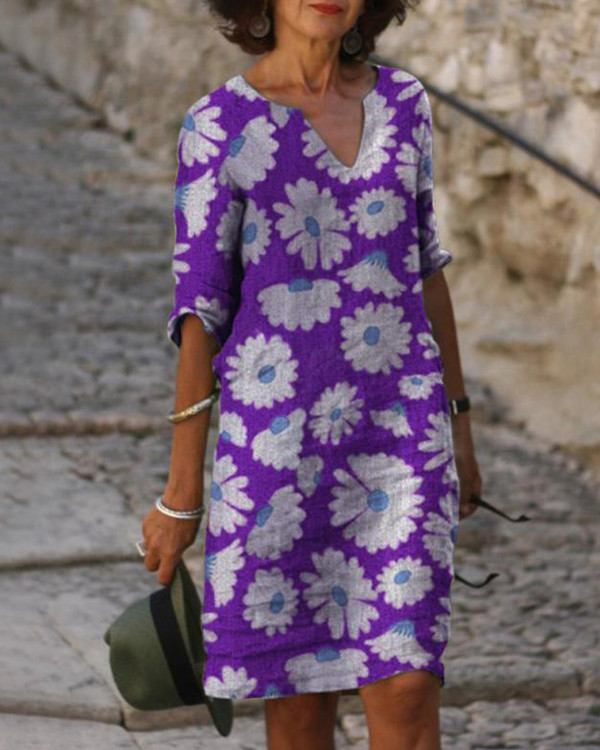 US$ 34.69 - Vintage Floral Print V-neck Half Sleeves Midi Dress - www ...