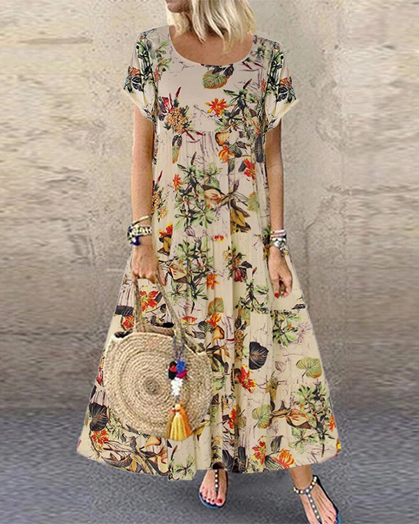 US$ 33.99 - Vintage Floral Printed Short Sleeve Overhead Maxi Dress ...