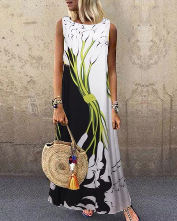 US$ 32.36 - Sleeveless Color-block Floral Print Holiday Maxi Dress ...