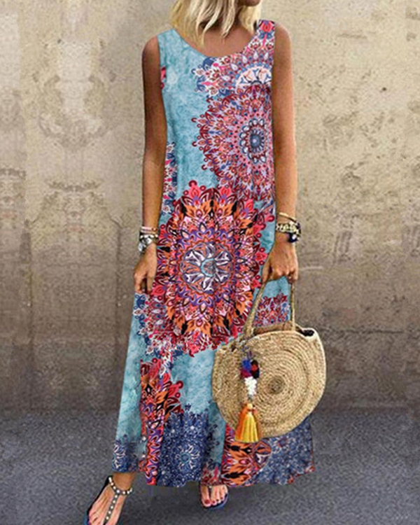 US$ 30.89 - Sleeveless Color-block Floral Print Holiday Maxi Dress ...