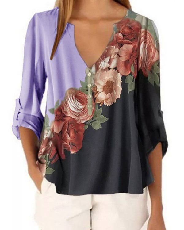 US$ 24.99 - Floral V-Neckline Casual Shift Blouses Long Sleeve Plus ...