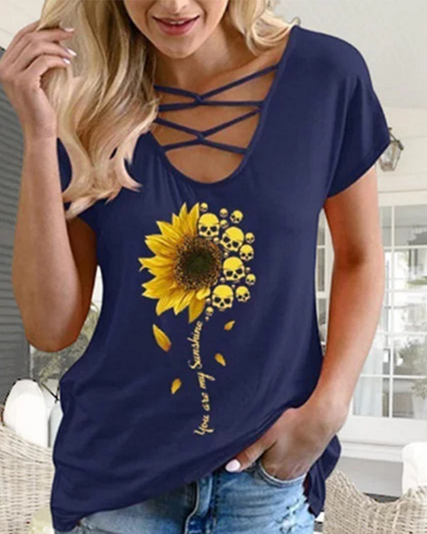 US$ 26.98 - Skull Sunflower Print Casual Short Sleeve T-shirt - www ...