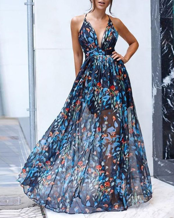 US$ 41.98 - Fashion Sleeveless Backless Mesh Floral Print Maxi Dress ...
