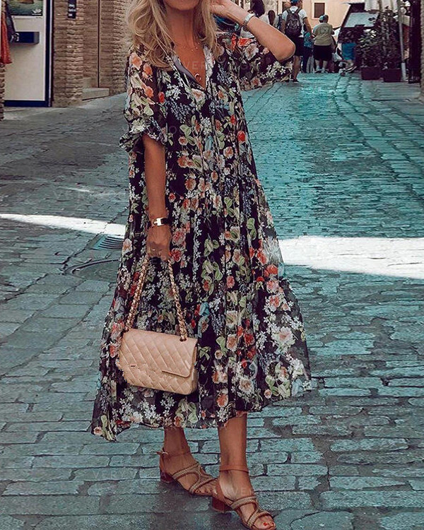 US$ 39.99 - Floral Half Sleeve A-line Casual Vacation Midi Dresses ...