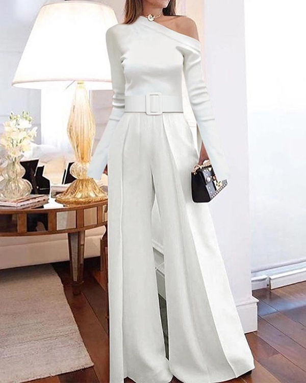 US$ 50.98 - Classy Long Sleeve One Shoulder Jumpsuits With Belt - www ...
