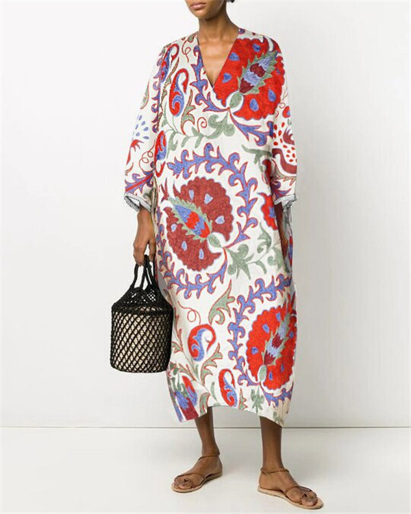 US$ 46.29 - V-Neck Floral Print Straight Linen Dress - www.narachic.com