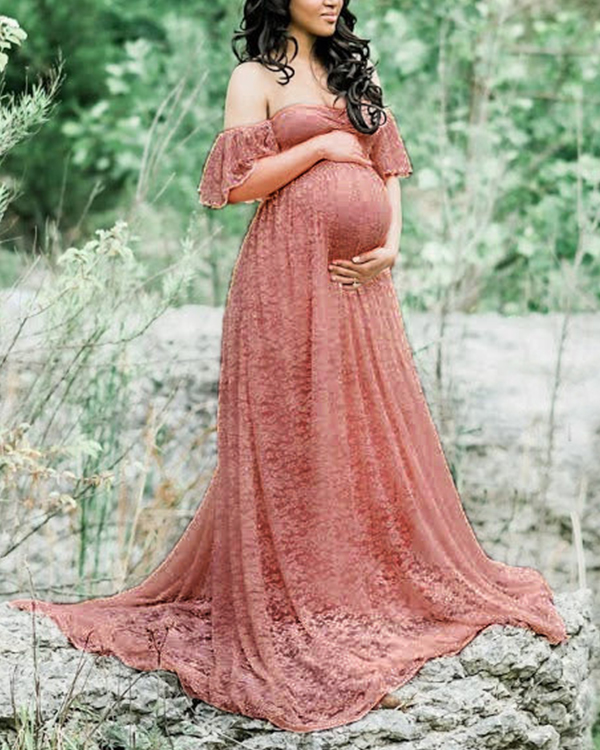 US$ 41.09 - Maternity Off Shoulder Lace Maxi Dress - www.narachic.com