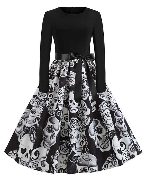 US$ 33.98 - Halloween Pumpkin/Skull Round Neck Print Dress With ...