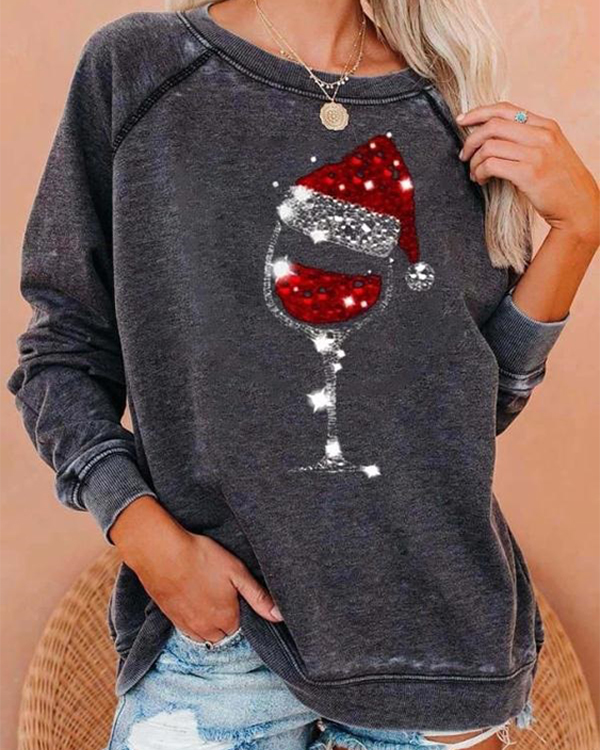 US$ 29.98 - Christmas Red Wine Glass Print Cozy Sweatshirt - www ...