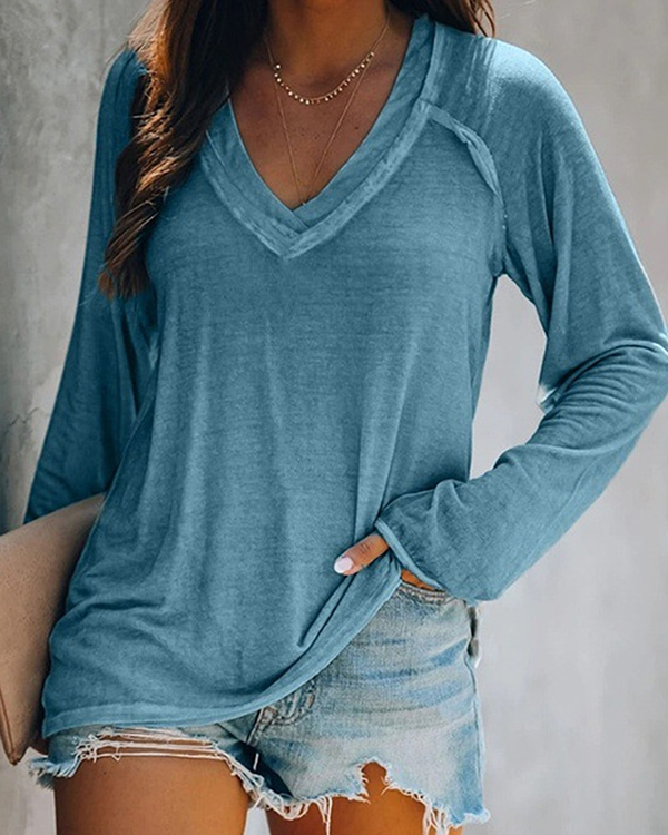 US$ 25.98 - Plus Size Solid V-Neck Long Sleeves Casual T-shirts - www ...