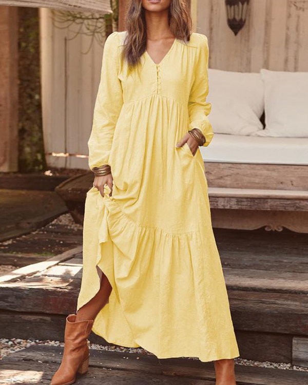 US$ 35.99 - Women Solid Color V-neck Long Sleeve Causal Maxi Dress ...