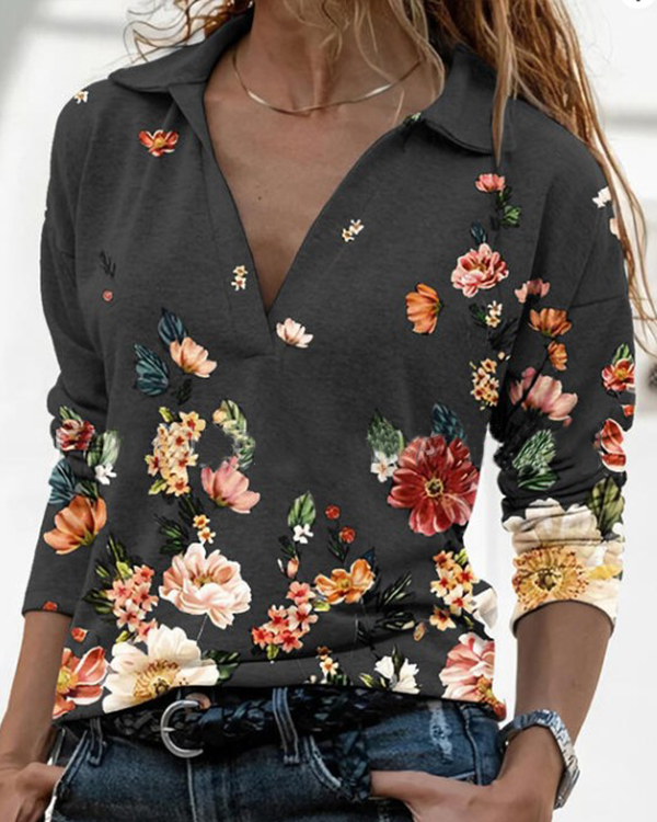 US$ 29.99 - Women Printed Long Sleeve V Neck Shirts - www.tangdress.com