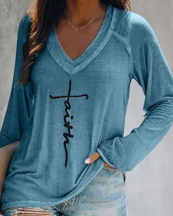 US$ 24.69 - Print V-Neck Long Sleeves Casual T-shirts - www.narachic.com