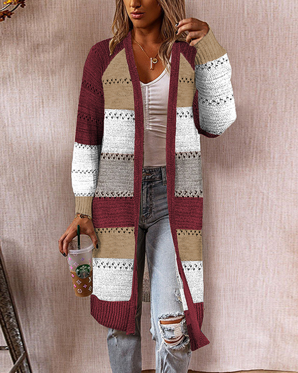 US$ 45.89 - Women Color Block Casual Long Cardigan - www.narachic.com